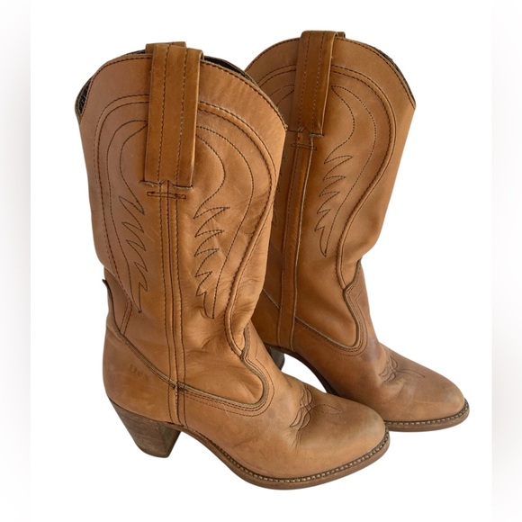 Vintage Dexter Brown Leather Stacked Heel Western Boots Size 7 USA Made 70s - Picture 1 of 10